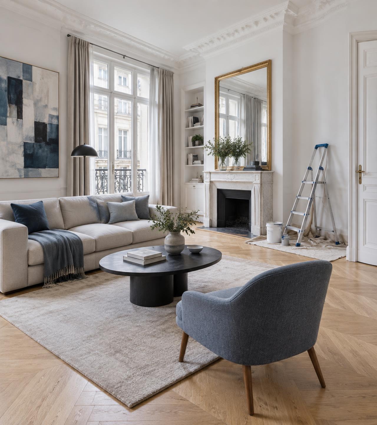 Appartement rénové avec parquet en point de Hongrie et murs blancs